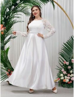Plus Contrast Lace Raglan Sleeve Satin Wedding Dress