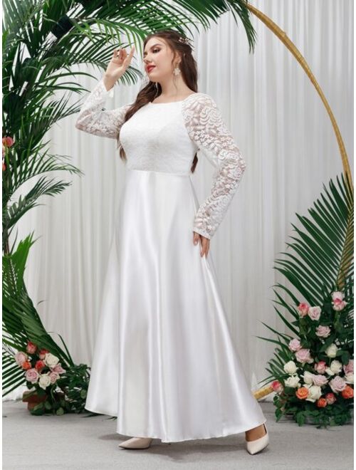 Shein Plus Contrast Lace Raglan Sleeve Satin Wedding Dress