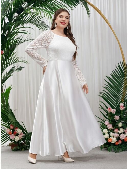 Shein Plus Contrast Lace Raglan Sleeve Satin Wedding Dress