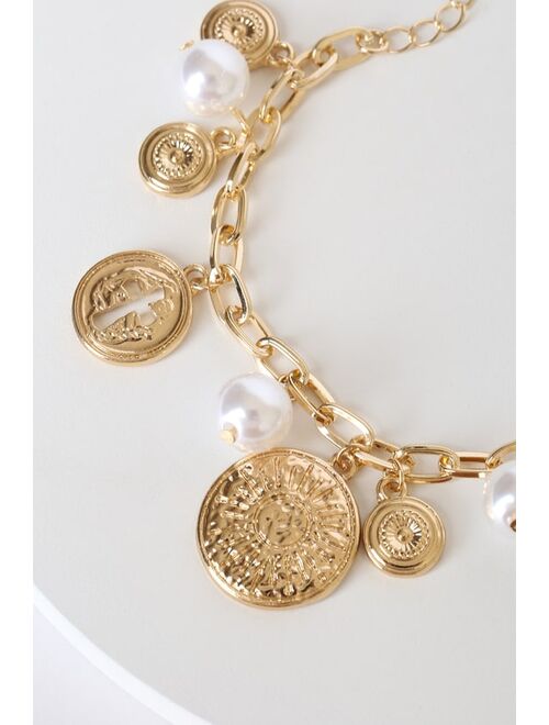 Lulus Empyrean Elegance Gold and Pearl Charm Bracelet