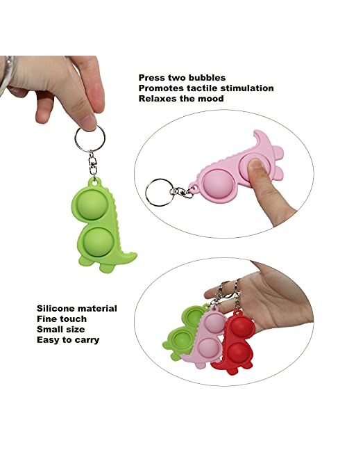 Ushopfun 3Pcs Colourful Mini Pop Fidget Keychain, Dinosaur Keychains Accessories for Car Cute Hand Sensory Key chains Bulk, Stress Relief Squeeze Keychain Ring for Women 