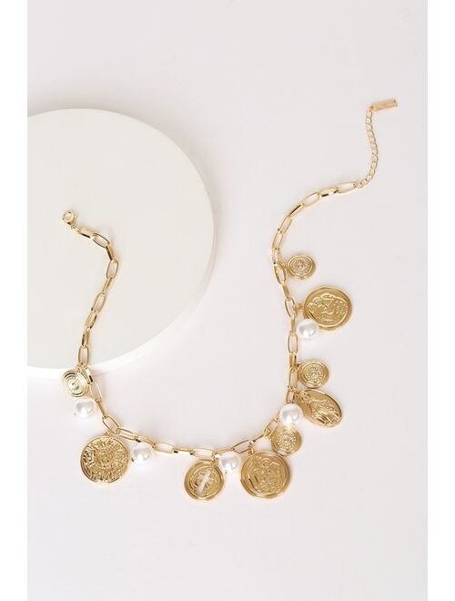 Lulus Making Miracles Gold Coin Pearl Necklace