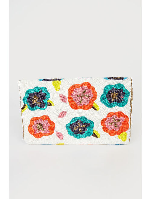 Lulus Let Your Style Bloom White Multi Floral Beaded Clutch