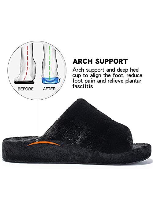 Nlissope Women's Orthopedic Slippers with Arch Support, Soft Plush Fuzzy Cozy Open Toe House Shoes for Plantar Fasciatis Foot & Heel Pain Slip On Slippers Indoor Outdoor
