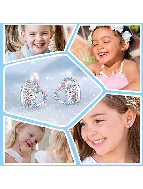 Shonyin Unicorn Stud Earrings for Girls Heart Shape Crown Screw Back Hypoallergenic Earrings Birthday Christmas Jewelry Gifts for Daughter Granddaughter Niece 2-12 Year O