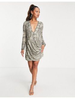 embellished shift mini dress with drape front detail