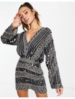 embellished patchwork mini dress with waist detail in silver