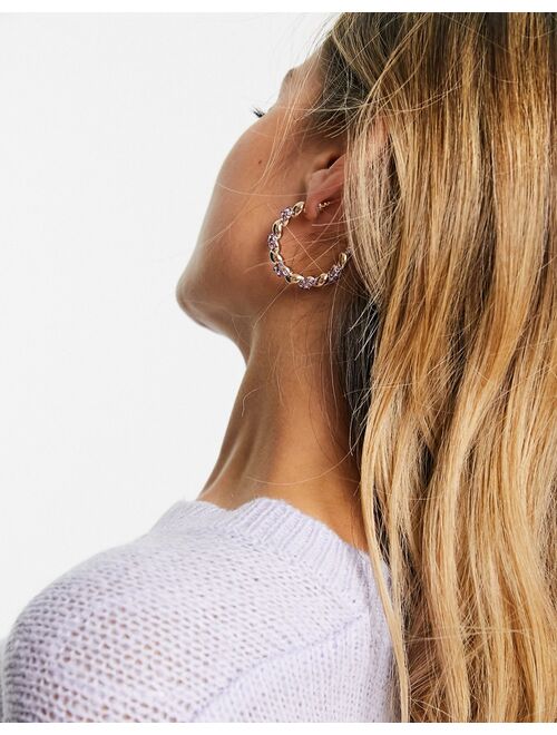 ASOS DESIGN hoop earrings in lilac crystal twist design in gold tone