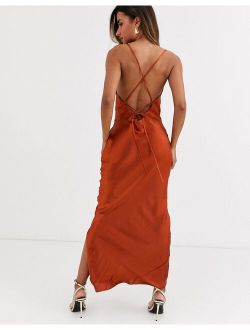 cami maxi slip dress in high shine satin with lace up back in rust
