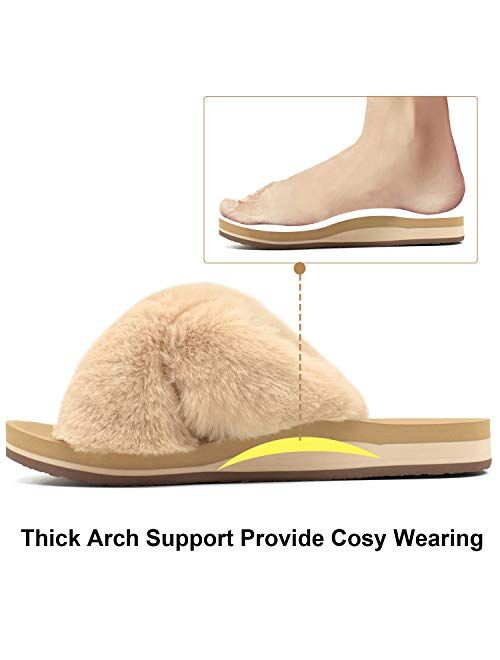 COFACE Womens Fuzzy Slides Fluffy Faux Fur House Slippers Open Toe Slip On Sandals Cozy Soft Yoga Mat Slippers Sandals With Arch Support Indoor Outdoor