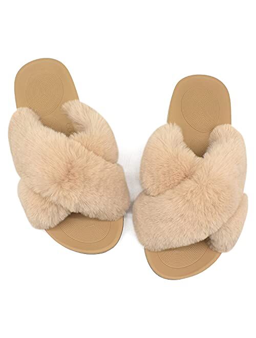 COFACE Womens Fuzzy Slides Fluffy Faux Fur House Slippers Open Toe Slip On Sandals Cozy Soft Yoga Mat Slippers Sandals With Arch Support Indoor Outdoor