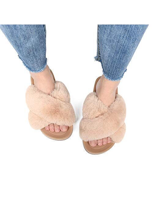 COFACE Womens Fuzzy Slides Fluffy Faux Fur House Slippers Open Toe Slip On Sandals Cozy Soft Yoga Mat Slippers Sandals With Arch Support Indoor Outdoor