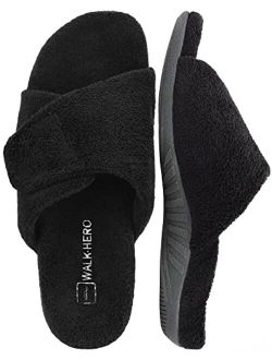 Walk·Hero Comfort And Support Plush Fuzzy Slippers Arch Support Womens Cozy Open Toe Heel Cup House Shoes Soft Anti-Slip Slip On Breathable
