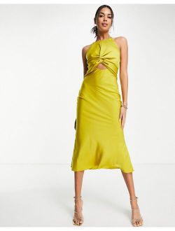 knot front satin midi dress with tie back detail in olive