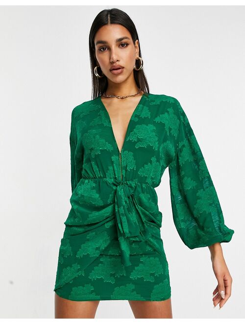 ASOS DESIGN plunge tie front mini dress in floral jacquard in green