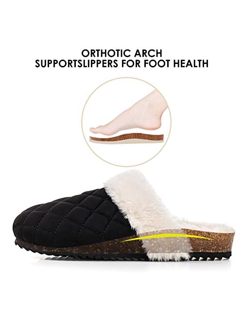 Fitory Womens Slippers with Arch Support,House Fuzzy Furry Cork Mules Clogs for Ladies Size 6-11