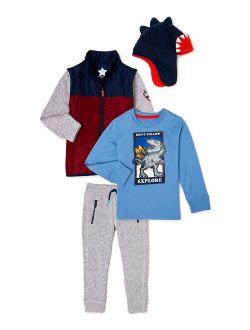 Boys Dino Long Sleeve Lenticular T-Shirt, Vest Jacket, Sweater Fleece Joggers and Rik Rak Trapper Hat, 4-Piece Set, Sizes 4-10