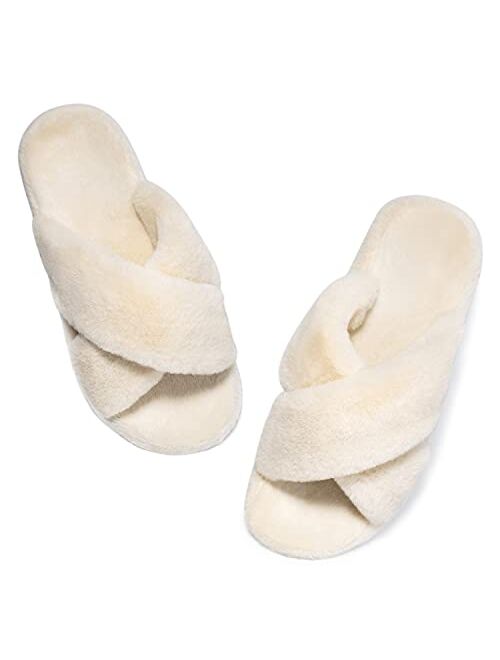 Czfirme Womens Furry Slippers with Arch Support, Plantar Fasciitis Orthopedic House Shoes, Cross Band Slippers Soft Plush Furry Cozy Open Toe Indoor Outdoor Slip On