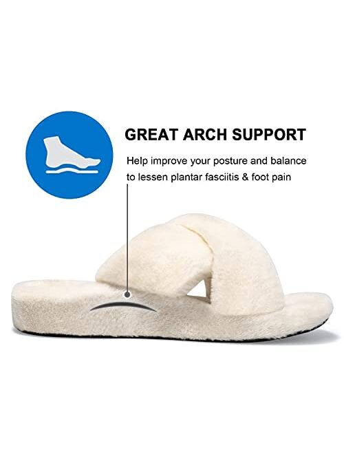 Czfirme Womens Furry Slippers with Arch Support, Plantar Fasciitis Orthopedic House Shoes, Cross Band Slippers Soft Plush Furry Cozy Open Toe Indoor Outdoor Slip On