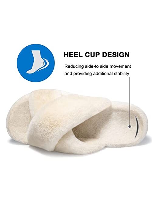 Czfirme Womens Furry Slippers with Arch Support, Plantar Fasciitis Orthopedic House Shoes, Cross Band Slippers Soft Plush Furry Cozy Open Toe Indoor Outdoor Slip On