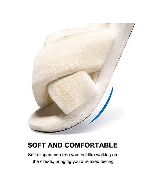 Czfirme Womens Furry Slippers with Arch Support, Plantar Fasciitis Orthopedic House Shoes, Cross Band Slippers Soft Plush Furry Cozy Open Toe Indoor Outdoor Slip On