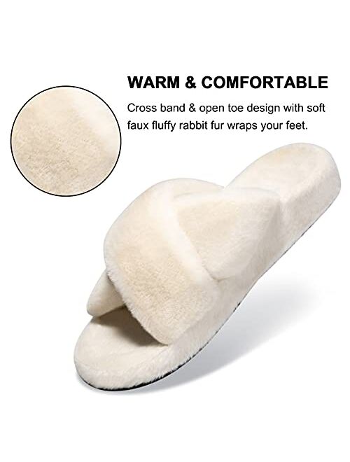 Czfirme Womens Furry Slippers with Arch Support, Plantar Fasciitis Orthopedic House Shoes, Cross Band Slippers Soft Plush Furry Cozy Open Toe Indoor Outdoor Slip On