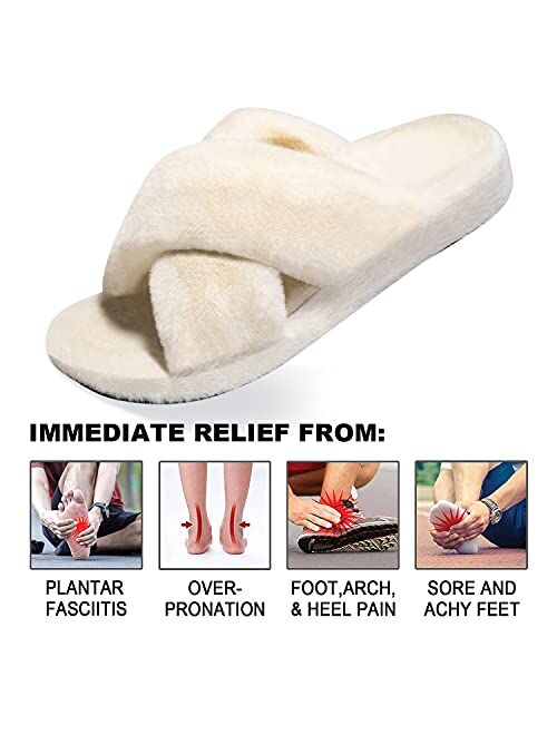 Czfirme Womens Furry Slippers with Arch Support, Plantar Fasciitis Orthopedic House Shoes, Cross Band Slippers Soft Plush Furry Cozy Open Toe Indoor Outdoor Slip On