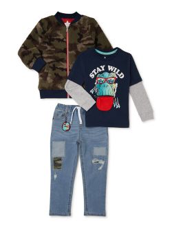 Boys Long Sleeve Graphic T-Shirt, Bomber Jacket and Denim Pants, 3-Piece Set, Sizes 4-10