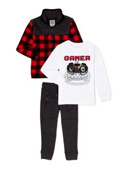 Boys Long Sleeve Robot Sequin T-Shirt, Fleece Jacket, and Sweater Fleece Joggers, 3-Piece Outfit Set, Sizes 4-10