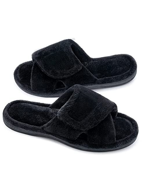 Git-Up Women's Memory Foam Slippers with Arch Support Adjustable Hook and Loop Diabetic Wide Open Toe House Slippers Indoor Outdoor