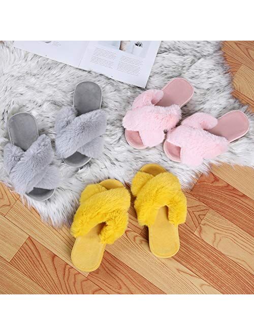 shevalues Fuzzy House Slippers for Women Cross Band Fluffy Bedroom Slippers with Arch Support