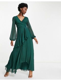 wrap waist maxi dress with double layer skirt in forest green