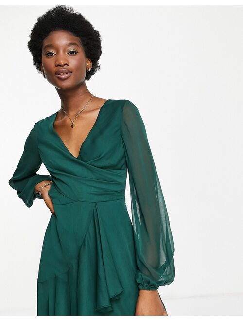 ASOS DESIGN wrap waist maxi dress with double layer skirt in forest green