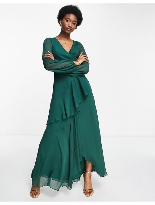 ASOS DESIGN wrap waist maxi dress with double layer skirt in forest green