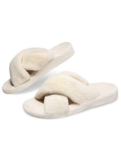 Hodawnll Women's Soft Plush Cross Band Slippers with Arch Support, Orthopedic House Shoes for Fasciitis Slippers, High Arch, Foot and Heel Pain Indoor Outdoor Slippers