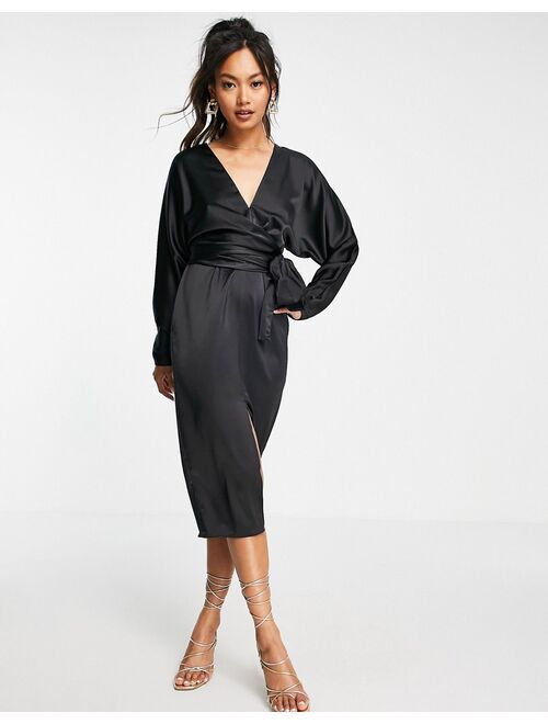 ASOS DESIGN satin midi dress with batwing sleeve and wrap waist in black