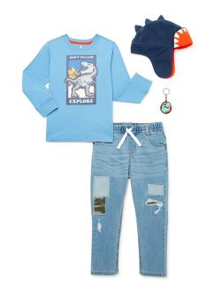 Boys Dino Long Sleeve Lenticular T-Shirt, Denim and Rik Rak Trapper Hat, 3-Piece Outfit Set, Sizes 4-10