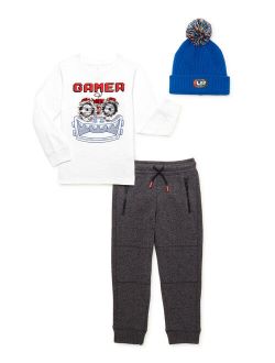 Boys Long Sleeve Robot Sequin T-Shirt, Pom Pom Hat, and Sweater Fleece Joggers, 3-Piece Outfit Set Sizes 4-10