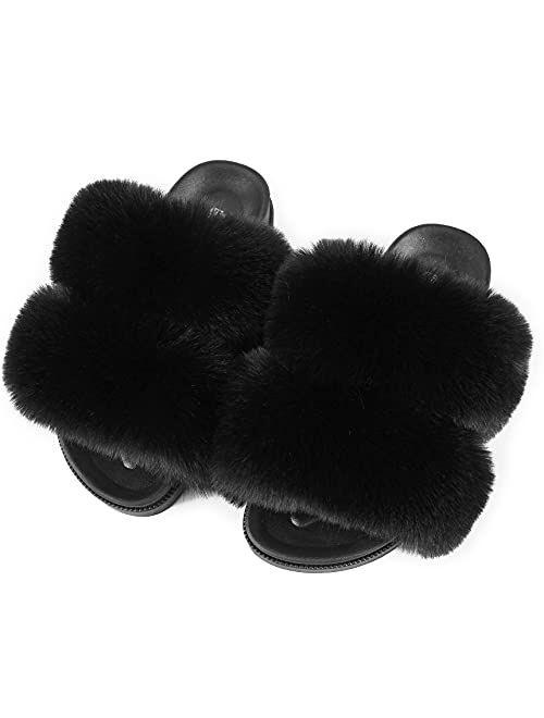 Jinhangrui Women's Furry Fuzzy Faux Fur Slides, Double Belt Fluffy Faux Fur Sandals, Open Toe Arch Support Indoor/Outdoor House Slippers