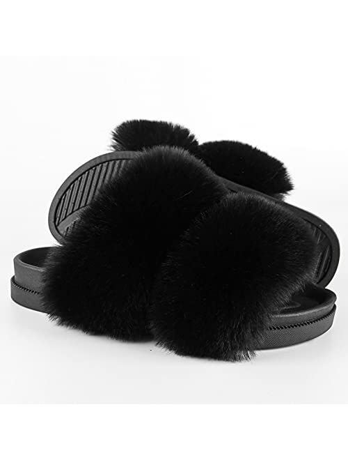 Jinhangrui Women's Furry Fuzzy Faux Fur Slides, Double Belt Fluffy Faux Fur Sandals, Open Toe Arch Support Indoor/Outdoor House Slippers