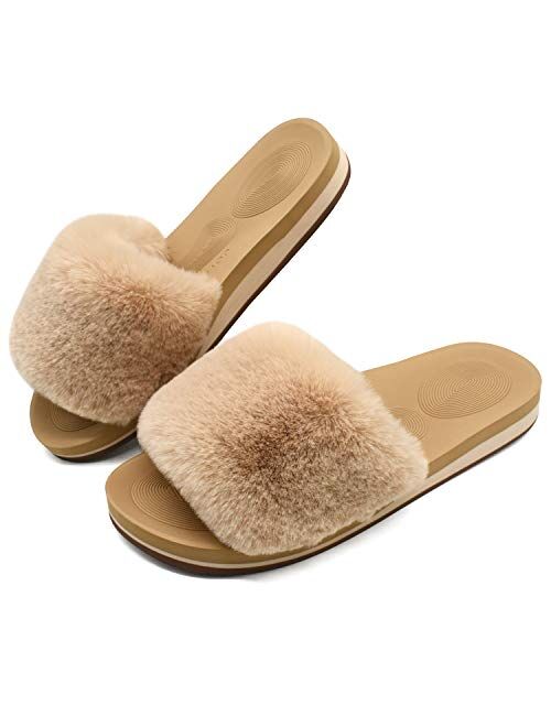 COFACE Womens Sliders Plush House Slippers Flat Sandals for Women Memory Foam Fuzzy Open Toe Slippers with Arch Support Anti Skid Ladies Slip On Fur Slide Slippers House 