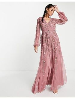 maxi dress with blouson sleeve and delicate floral embellishment