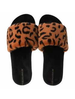 CORIFEI Fuzzy Slippers for Women, Fluffy Leopard Print Upper, Comfy House Shoes with Arch Support, Open Toe Slides Indoor Outdoor, Size 5.5-9.5