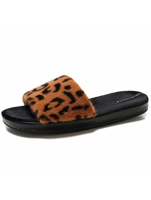 CORIFEI Fuzzy Slippers for Women, Fluffy Leopard Print Upper, Comfy House Shoes with Arch Support, Open Toe Slides Indoor Outdoor, Size 5.5-9.5
