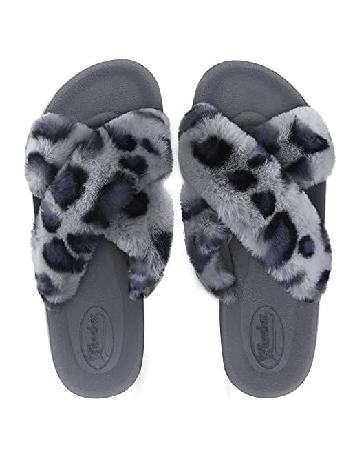 Ckoebas Women Cross Band Fuzzy Slipper Slides , Soft Plush Open Toe House Flat Slipper with Arch Support for Women Indoor out Door.