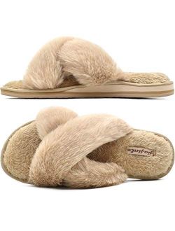 Jiajiale Womens Fluffy Cross Band Slippers, Ladies Arch Support Fuzzy Plush Slides Slippers, Furry Faux Fur Cozy House Slipper, Open Toe Memory Foam Slide Sandals