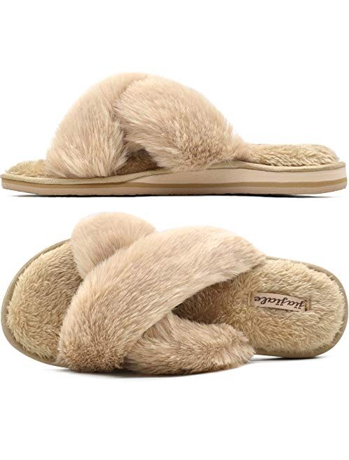 Jiajiale Womens Fluffy Cross Band Slippers, Ladies Arch Support Fuzzy Plush Slides Slippers, Furry Faux Fur Cozy House Slipper, Open Toe Memory Foam Slide Sandals