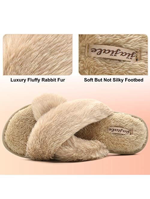 Jiajiale Womens Fluffy Cross Band Slippers, Ladies Arch Support Fuzzy Plush Slides Slippers, Furry Faux Fur Cozy House Slipper, Open Toe Memory Foam Slide Sandals