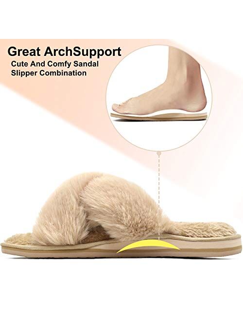 Jiajiale Womens Fluffy Cross Band Slippers, Ladies Arch Support Fuzzy Plush Slides Slippers, Furry Faux Fur Cozy House Slipper, Open Toe Memory Foam Slide Sandals