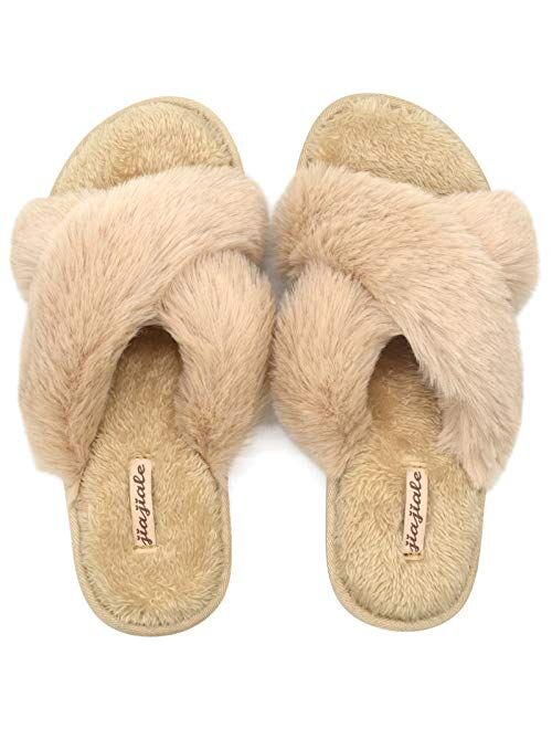 Jiajiale Womens Fluffy Cross Band Slippers, Ladies Arch Support Fuzzy Plush Slides Slippers, Furry Faux Fur Cozy House Slipper, Open Toe Memory Foam Slide Sandals